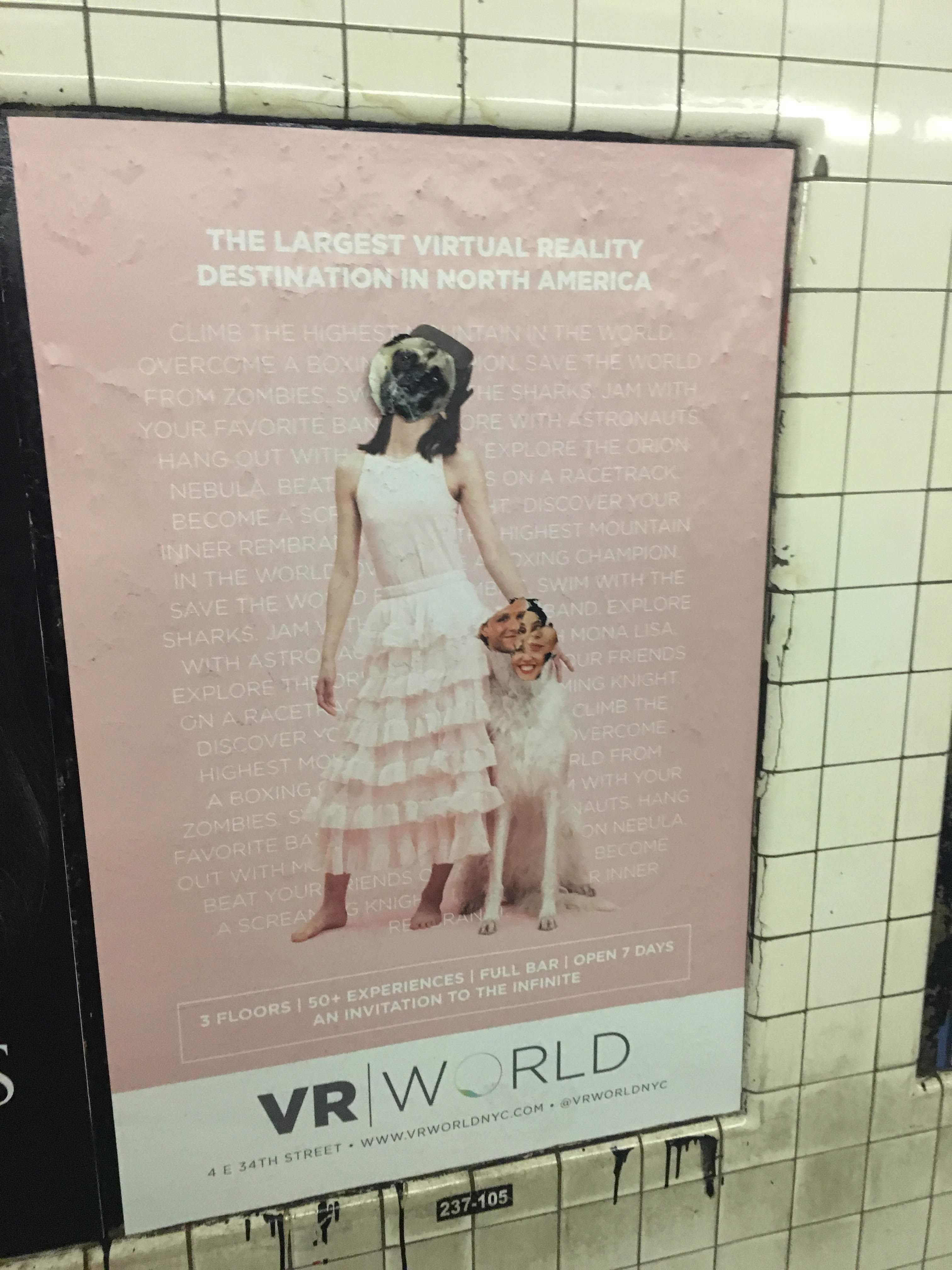 Subway poster for VR World, the largest virtual reality destination in North America, with a woman and dog.