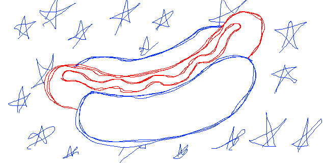 Hand-drawn hot dog outlined in red and blue, surrounded by scribbled stars.
