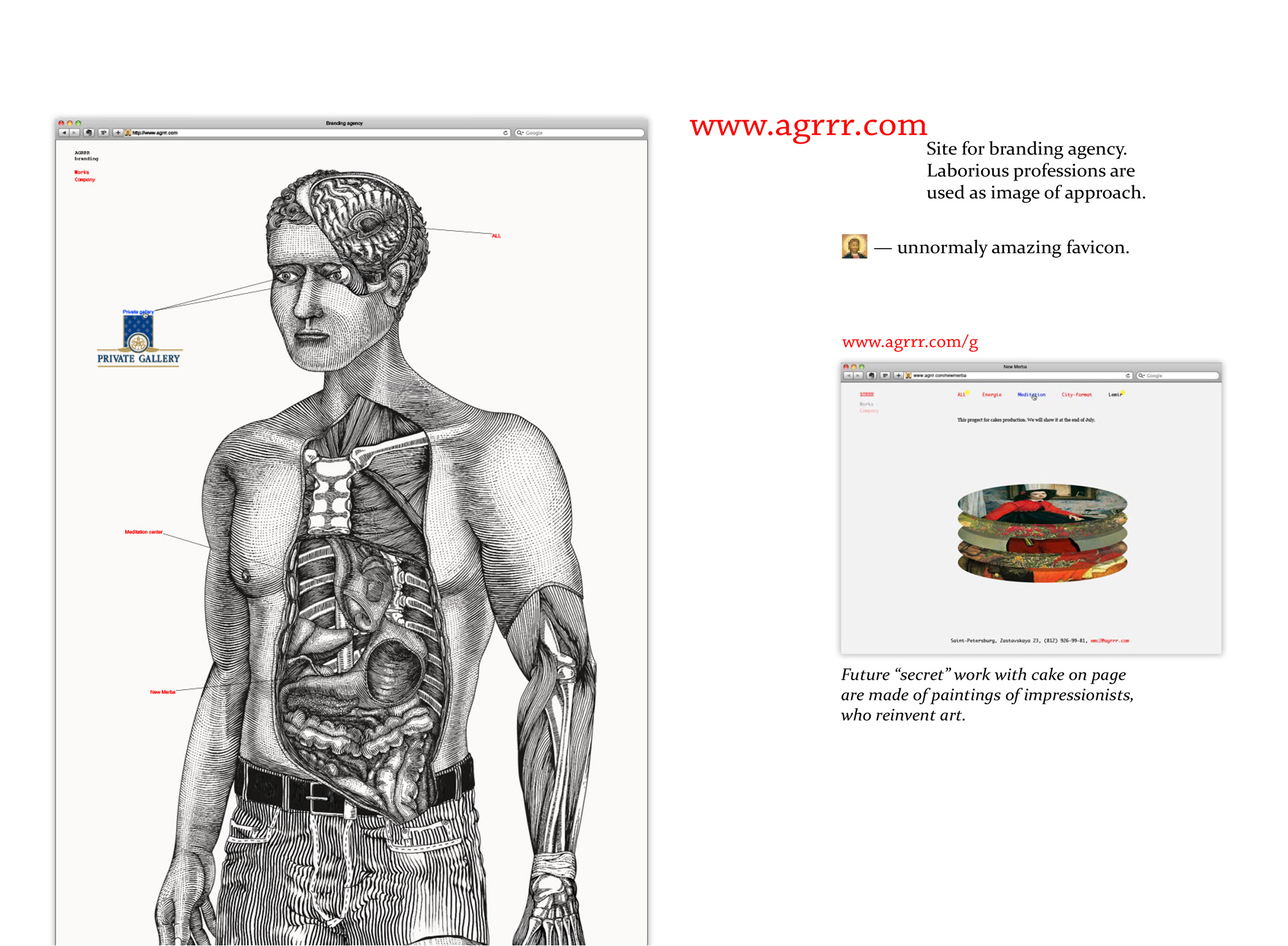 Portfolio slide for the agrrr.com branding agency site, an anatomical engraving of a man labeled with menu links.