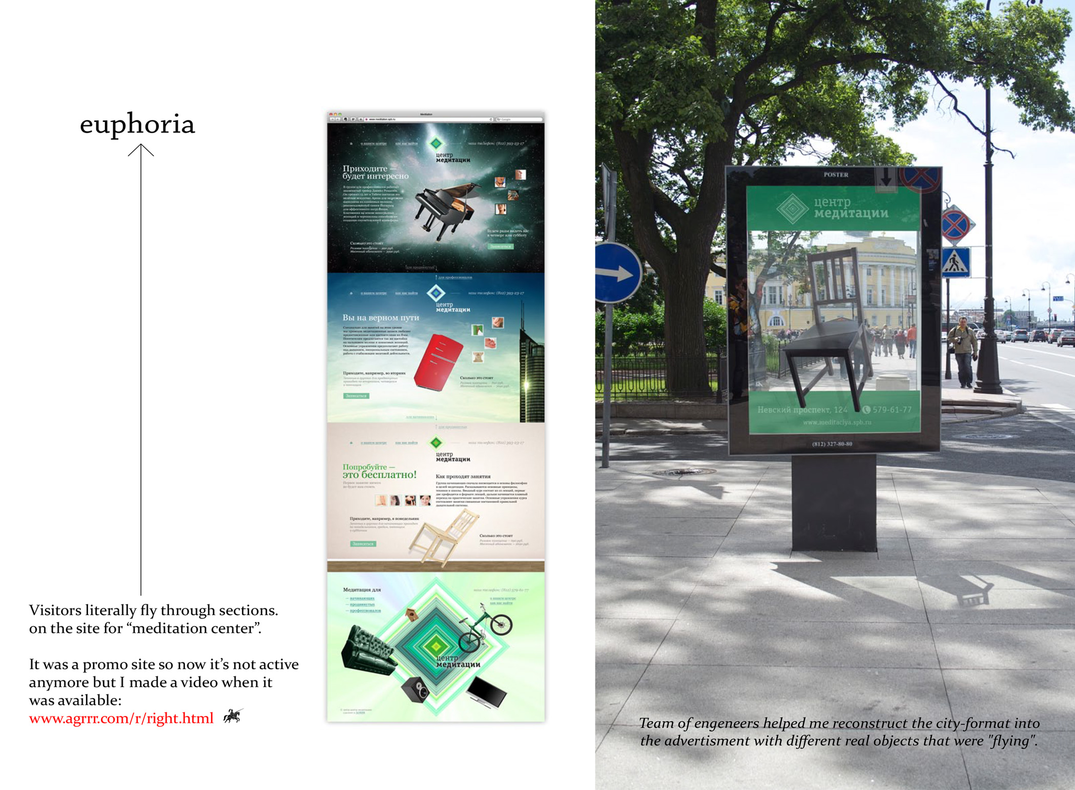 Portfolio slide showing meditation-center website screens and a street billboard with a flying chair.