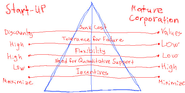 Diagram contrasting Start-Up and Mature Corporation on values, failure tolerance, flexibility and incentives.