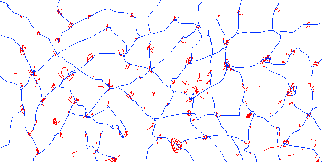 Abstract tangle of blue and red hand-drawn lines forming a loose network.