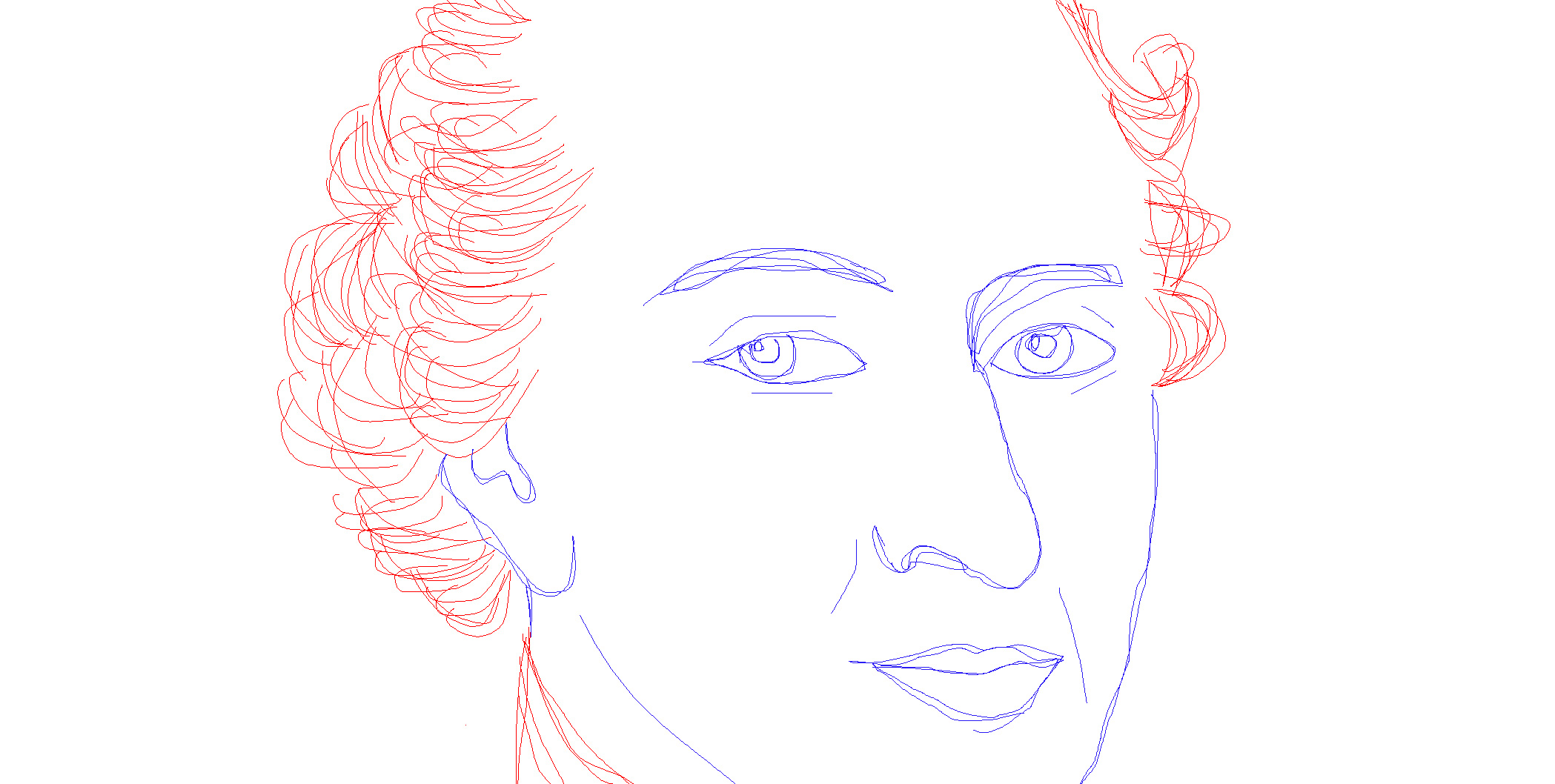 Hand-drawn line portrait of a curly-haired man's face, hair in red and features in blue.