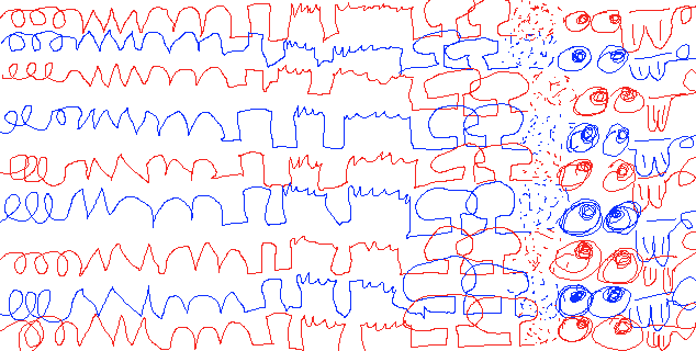 Hand-drawn sketch: rows of red and blue squiggles dissolving into scattered dots and spiral eyes — an image of context.