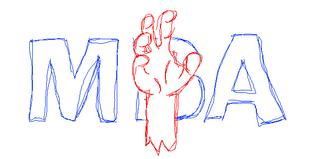 Hand-drawn letters MBA in blue with a red raised fist forming the central letter.