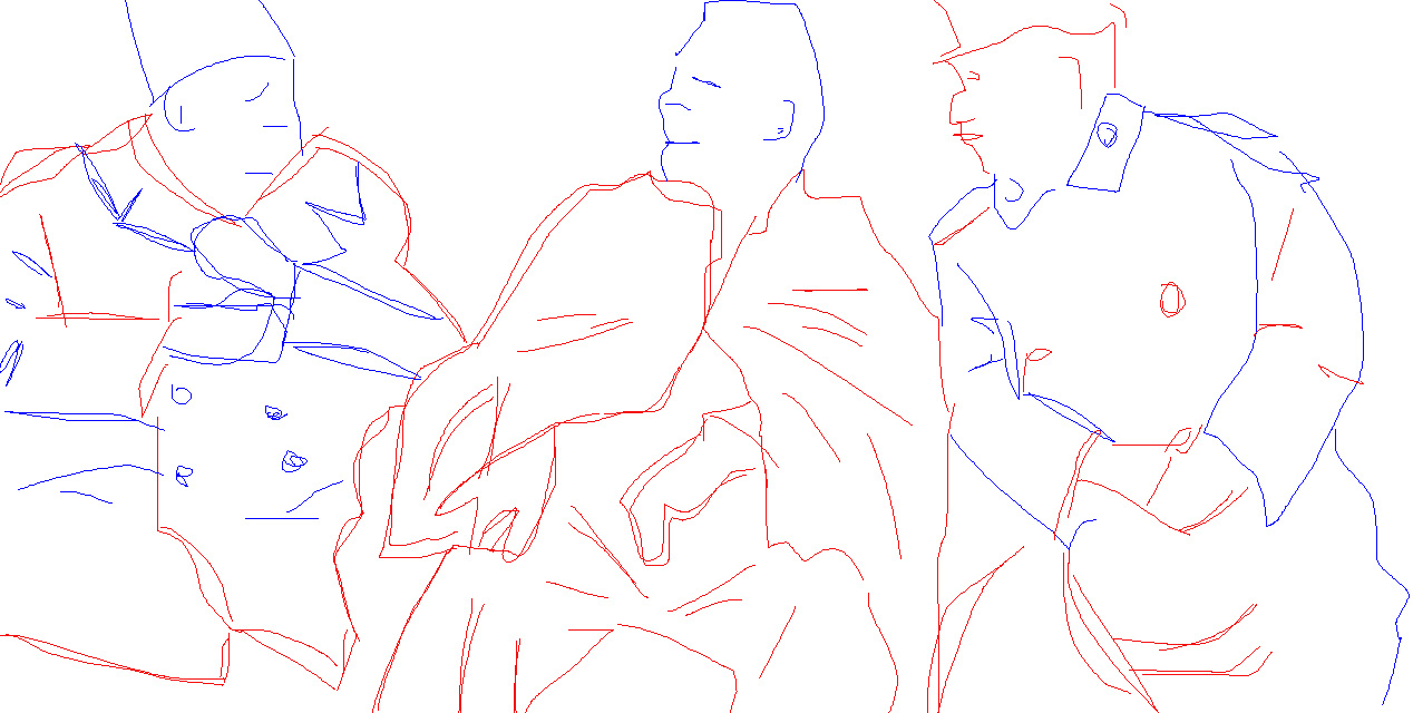 Hand-drawn line sketch of three people in coats and caps standing together