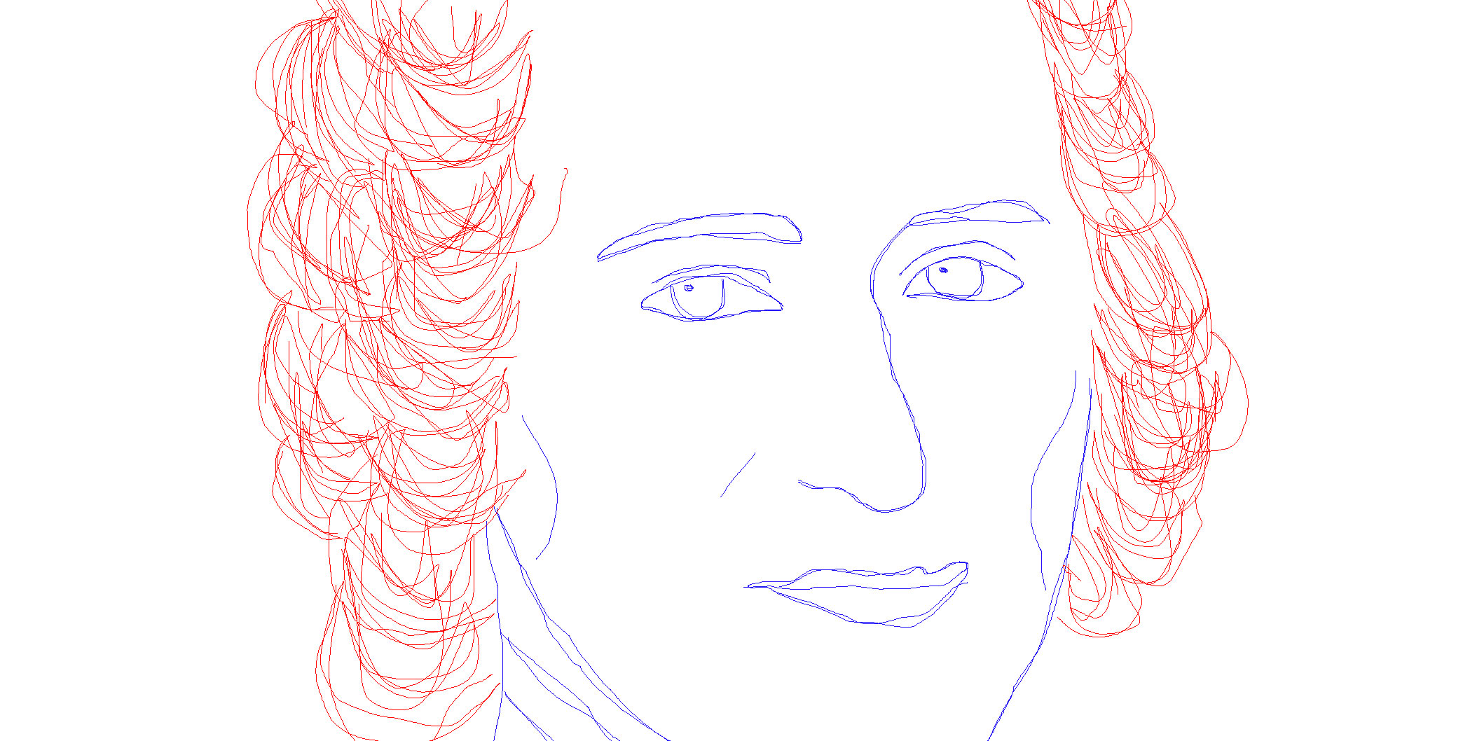 Line drawing portrait of a man's face with red curly hair and blue facial features.