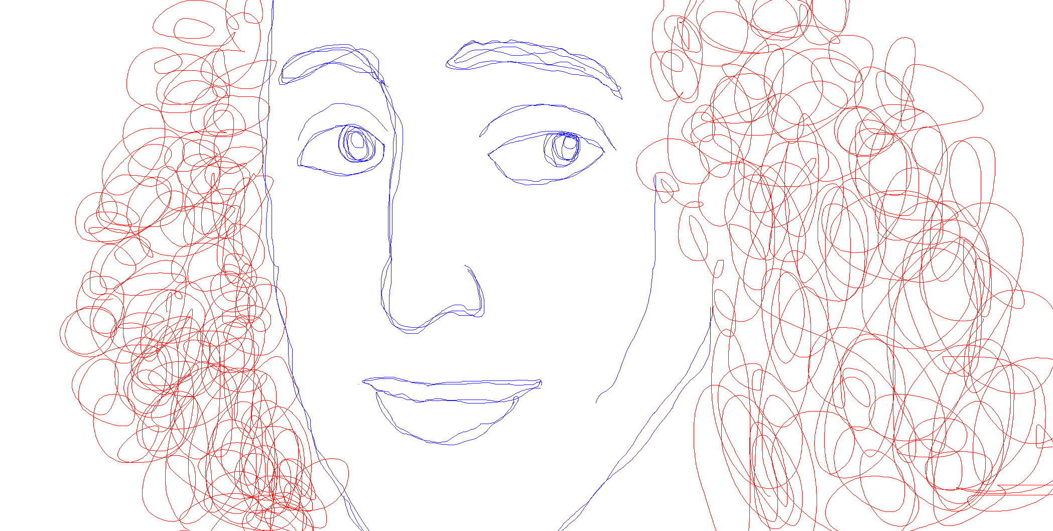 Hand-drawn line portrait of a man with long curly hair, evoking Spinoza