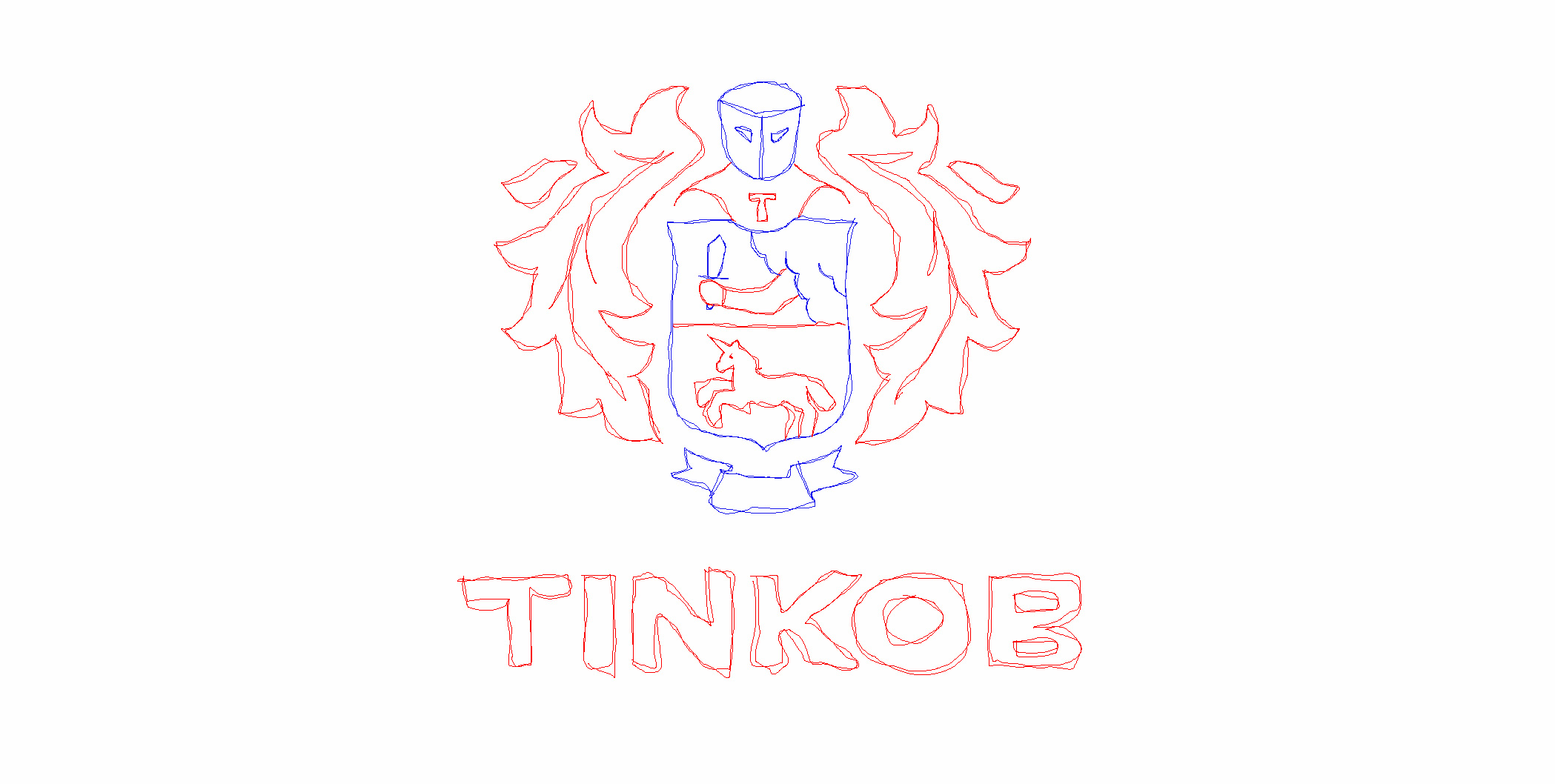 Hand-drawn red and blue outline of the Tinkoff crest, a knight and shield, above the word Tinkov.