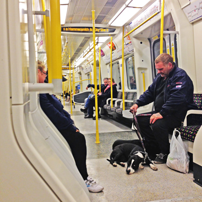 Inside a London Underground carriage; passengers seated and a man with a dog lying at his feet